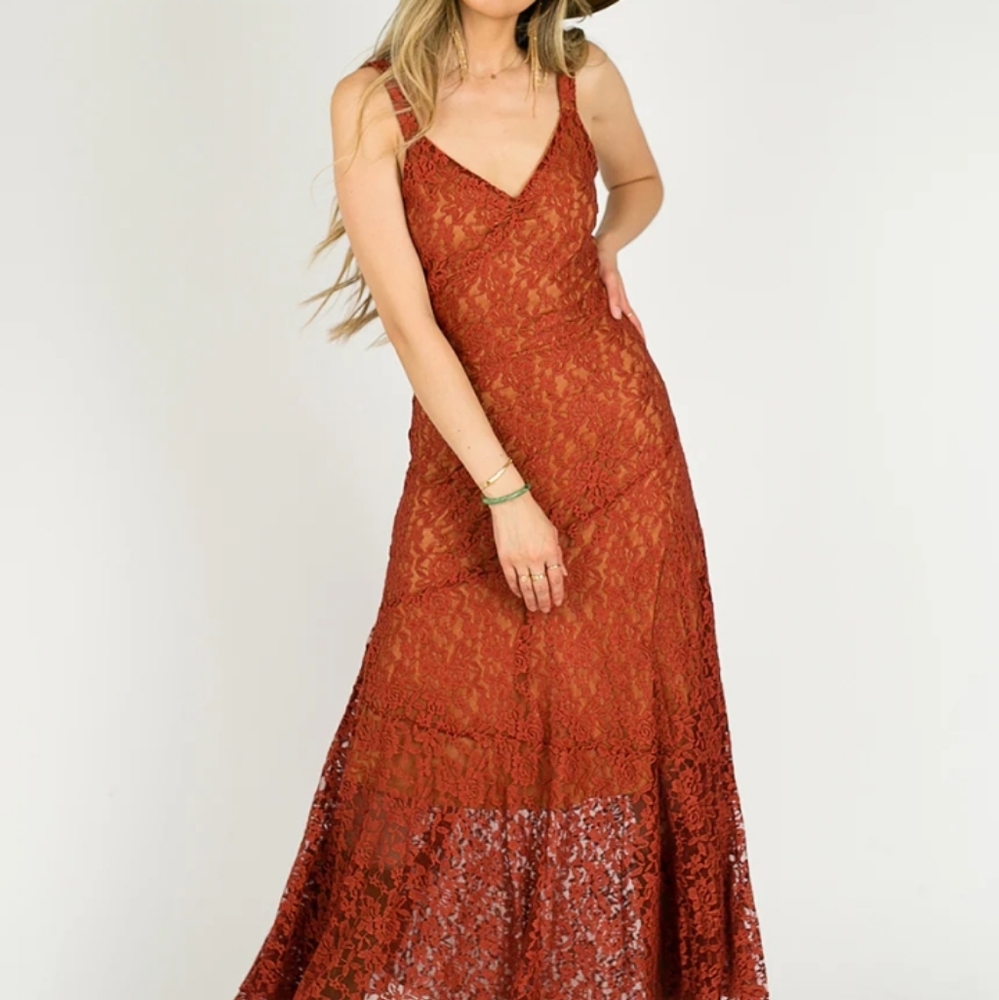 Joyfolie  large brown lace maxi dress